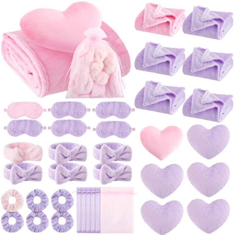 Fanfanwin 36 Pcs Sleepover Party Supplies for Girl Spa Slumber Birthday Favors Throw Blanket Pillow Eye Mask Headband Scrunchies (Solid Color,30 Purple,6 Pink) - Image 1