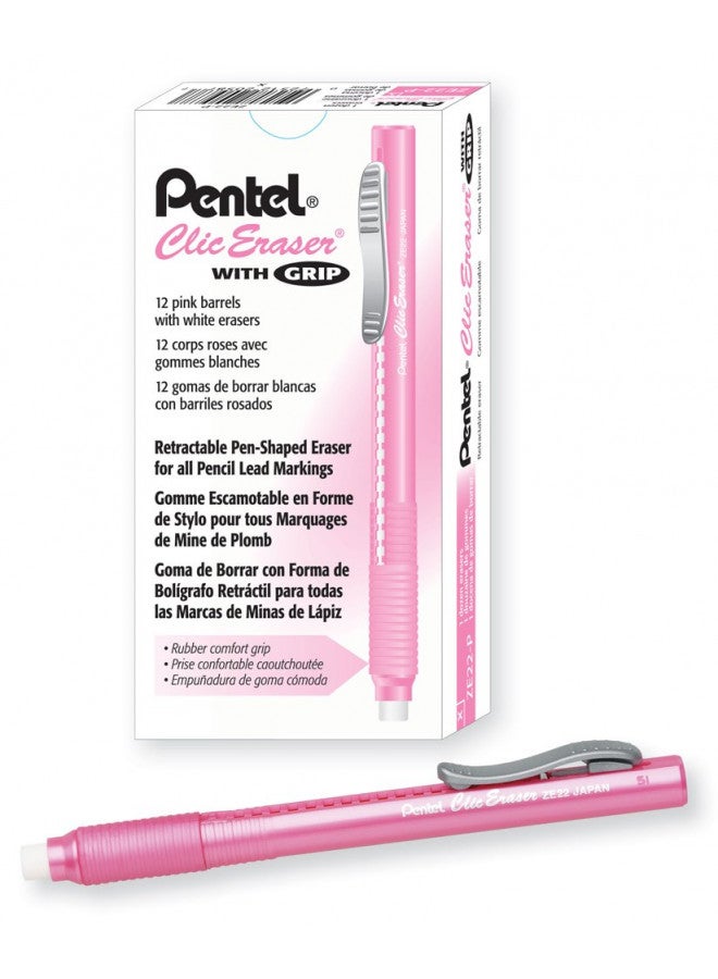 ممحاة بينتل كليك، ممحاة قابلة للسحب، برميل وردي، علبة من 12 (ZE22P)