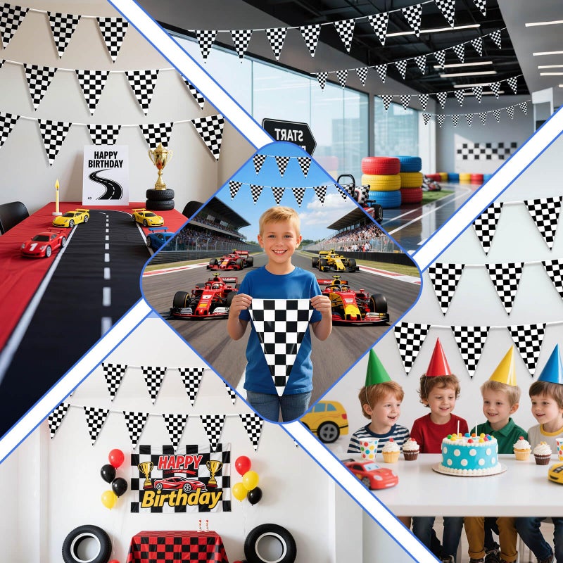 Piokio 100ft Black and White Checkered Flag Banner Racing Birthday Decorations, for Nascar Cars Party Supplies - Image 4
