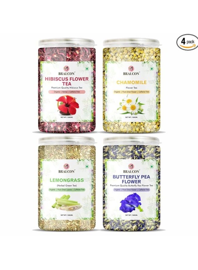 BRALCON Hibiscus Flower Tea,Butterfly Pea Flower Tea,Chamomile Flower Tea,Lemongrass Tea-400G(100G X 4 Pack)|