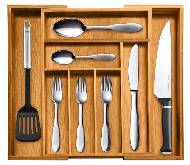 Bellemain Expandable Bamboo Drawer Organizer - Large Kitchen Utensil Holder for Cutlery, Silverware, Flatware Storage - Utensil Organizer for Kitchen Drawers, Desk, Junk Drawer Organizer Tray, 8-Slot - Image 1