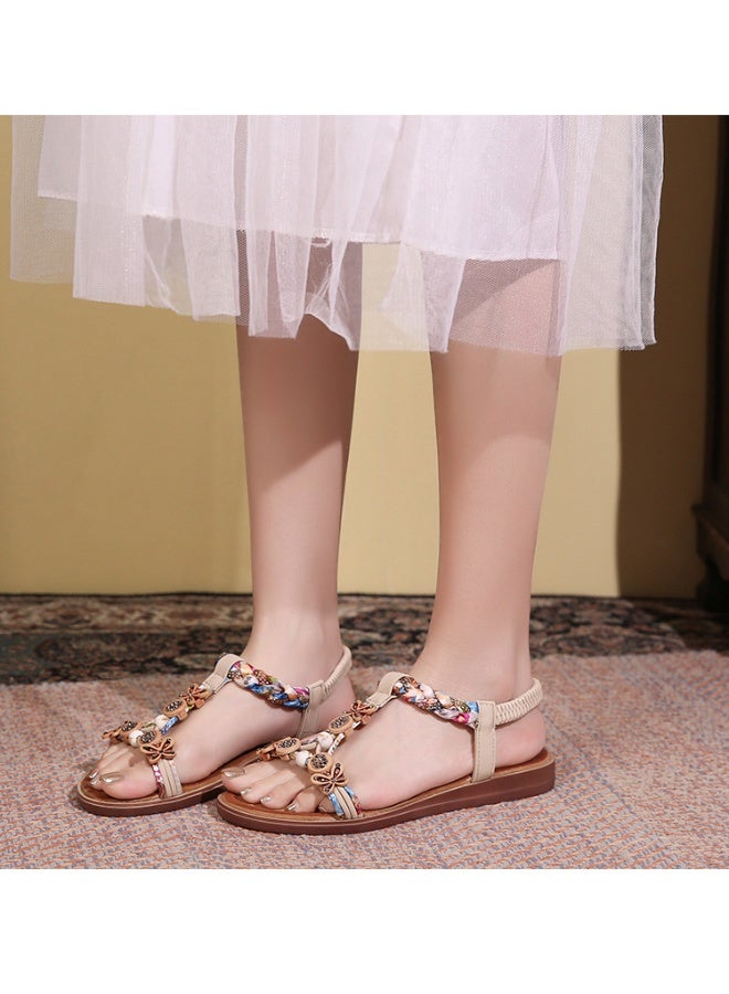 NIBEMINENT Summer Sandals for Women Flat Heel Knit Elastic Strap Bohemia Retro Casual Comfortable Breath Beach Ladies Shoes  - Image 3