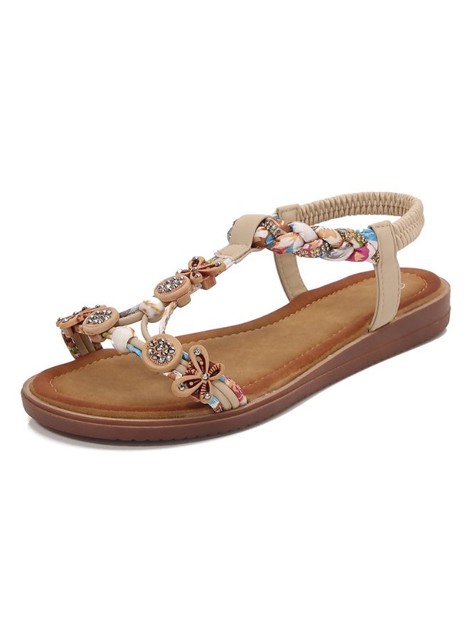 NIBEMINENT Summer Sandals for Women Flat Heel Knit Elastic Strap Bohemia Retro Casual Comfortable Breath Beach Ladies Shoes  - Image 1