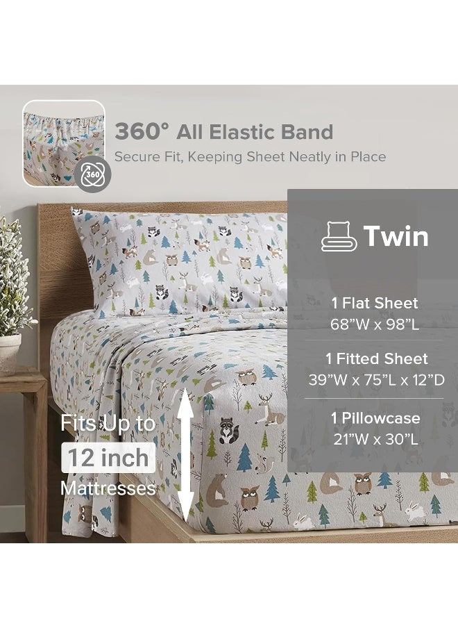 Comfort Spaces - Comfort Spaces Cotton Flannel Breathable Warm Deep Pocket Sheets with Pillow Case Bedding, Twin, Multi Forest Animal 3 Piece - Image 1