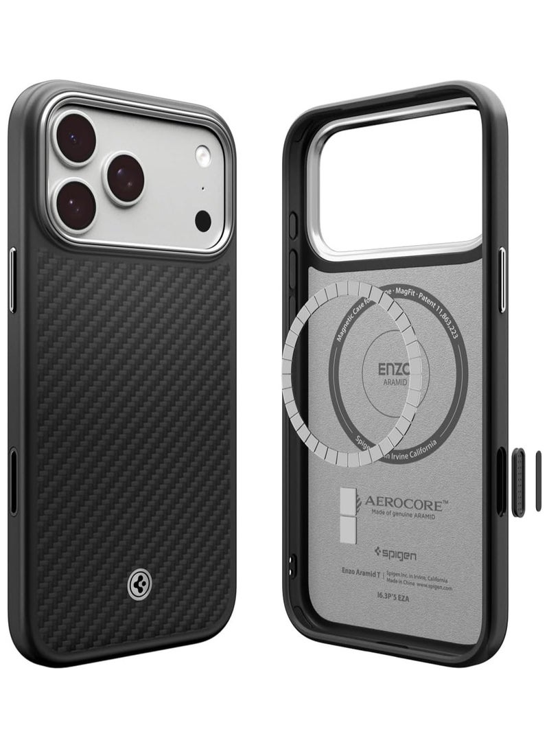 Spigen حافظة إنزو أراميد تي ماغ فيت لجهاز آيفون 17 برو مع [غطاء زر التحكم بالكاميرا] ألياف أراميد [ماغ سيف] - أسود | فضي - Image 1