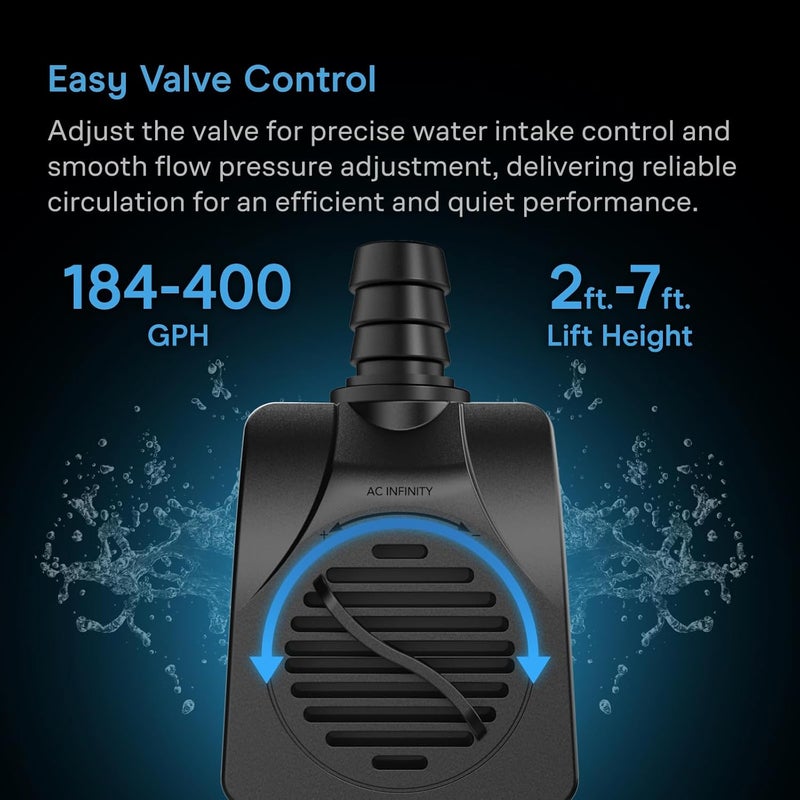 AC Infinity Submersible Water Pump 396 GPH (1500 L/H), Ultra Quiet 20W Fish Tank Flow Pressure Control with 5 ft. High Lift Pump for Aquariums, Fountains, Ponds, Pools, Hydroponics - Image 3