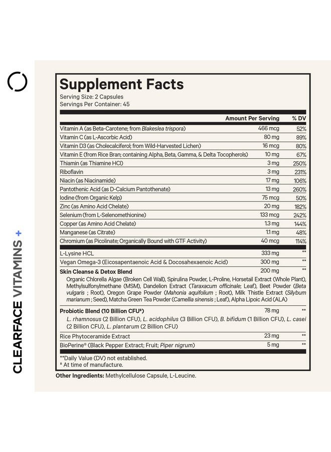 Codeage Clearface Pantothenic Acid, Niacin Supplement, Vitamins A, C, D3, E, Probiotics, Zinc, Riboflavin, Thiamin, L-Lysine HCL & Omega-3, Niacinamide, Skin Botanical Blend - Non-GMO - 90 Capsules - Image 2