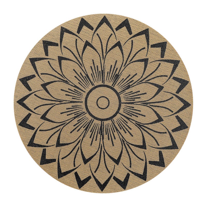SHACOS 15 inch Round Vinly Placemats Set of 6 Boho Flower Print Place Mats Wipeable Non Slip Stain Heat Resistant Woven Table Mats Indoor Outdoor (6, Round Flower Black) - Image 1