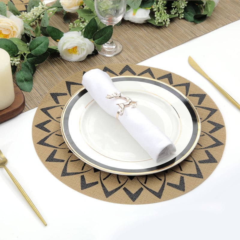 SHACOS 15 inch Round Vinly Placemats Set of 6 Boho Flower Print Place Mats Wipeable Non Slip Stain Heat Resistant Woven Table Mats Indoor Outdoor (6, Round Flower Black) - Image 5