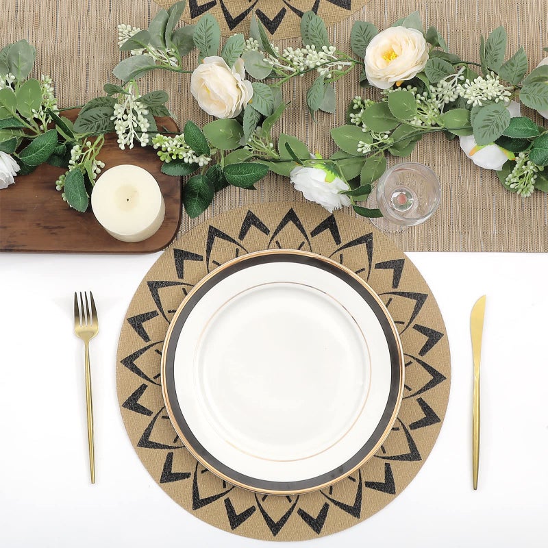 SHACOS 15 inch Round Vinly Placemats Set of 6 Boho Flower Print Place Mats Wipeable Non Slip Stain Heat Resistant Woven Table Mats Indoor Outdoor (6, Round Flower Black) - Image 2