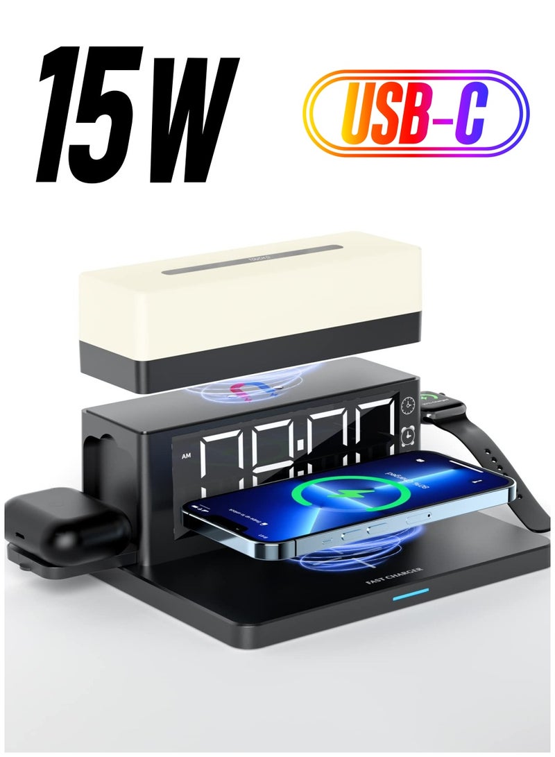 SYOSI Wireless Charging Station with Digital Alarm Clock, Night Light,18W Fast Charger Compatible with iPhone/Samsung Galaxy, for AirPods/Apple Watch - Image 1