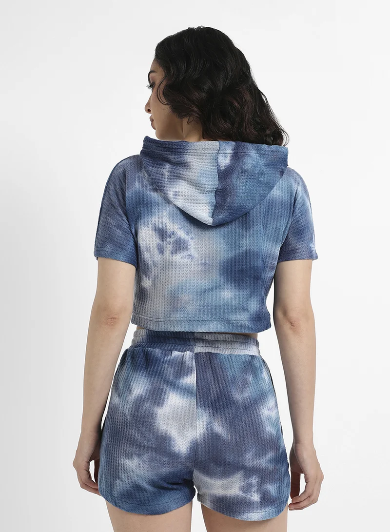 Campus Sutra Campus Sutra Women's Navy Blue Waffle-Textured Cropped Co-Ord Set For Casual Wear | Hooded Neck | Short Sleeve | Drawstring Closure | Cotton Co-Ords Crafted With Comfort Fit For Everyday Wear