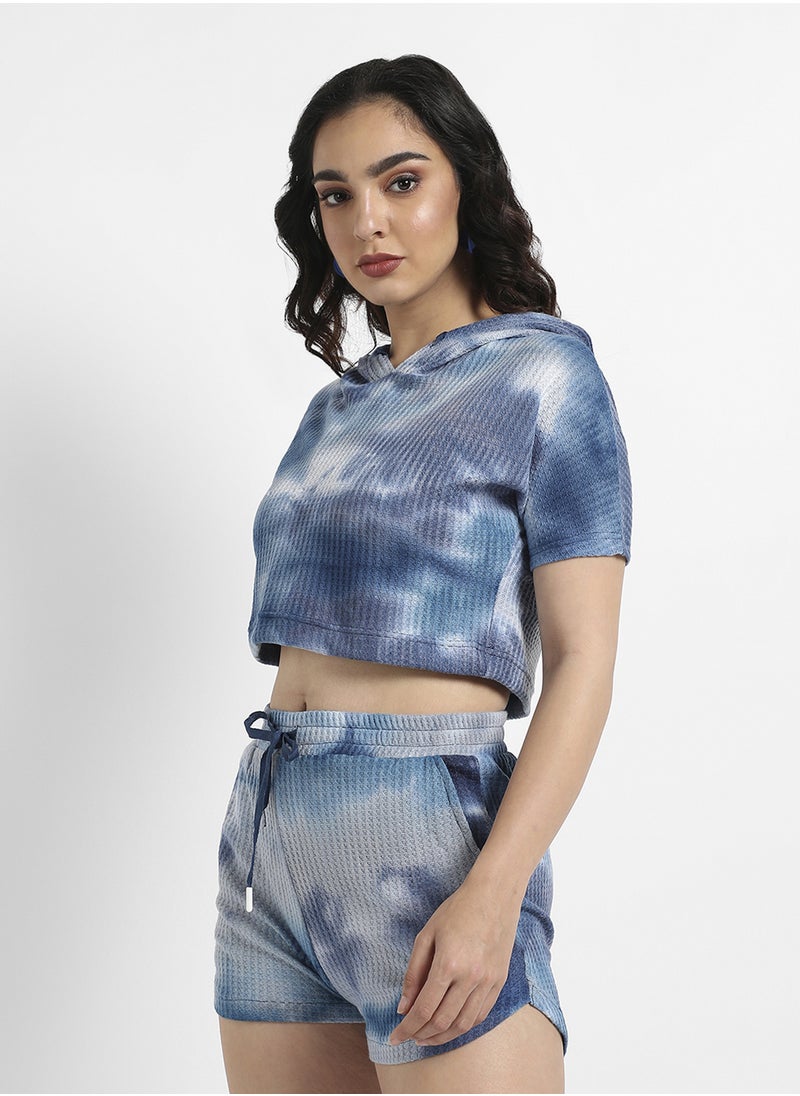 Campus Sutra Campus Sutra Women's Navy Blue Waffle-Textured Cropped Co-Ord Set For Casual Wear | Hooded Neck | Short Sleeve | Drawstring Closure | Cotton Co-Ords Crafted With Comfort Fit For Everyday Wear  - Image 3