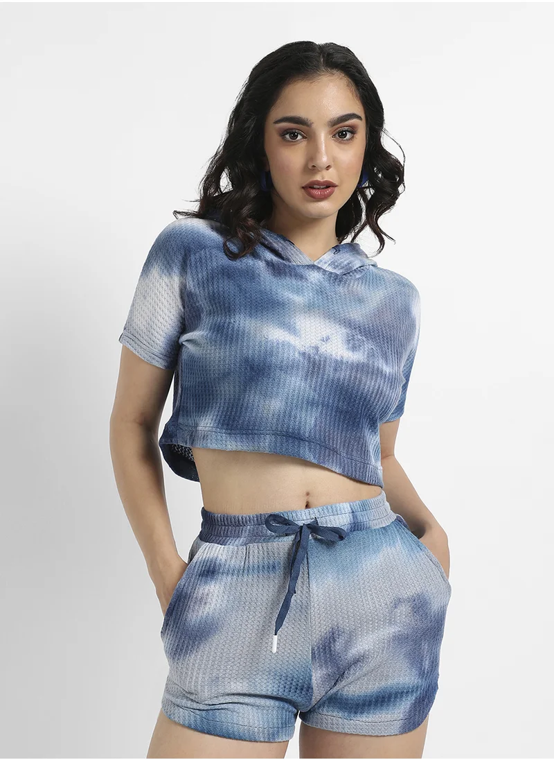 Campus Sutra Campus Sutra Women's Navy Blue Waffle-Textured Cropped Co-Ord Set For Casual Wear | Hooded Neck | Short Sleeve | Drawstring Closure | Cotton Co-Ords Crafted With Comfort Fit For Everyday Wear