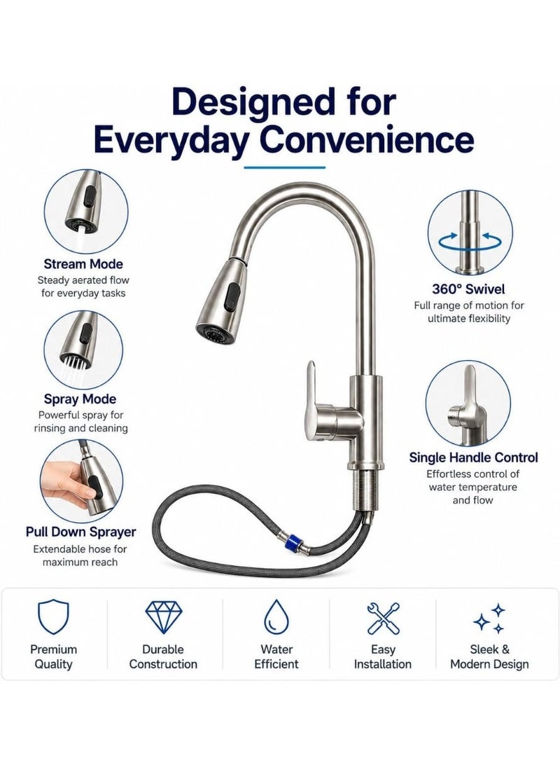 Toshionics Kitchen Faucet with Pull Down Sprayer - Stainless Steel Kitchen Mixer Tap Dual Function Tap | Basin Sink Tap Faucets High Arc 360° Swivel Spout, Single Handle Deck Mounted - Silver - Image 4