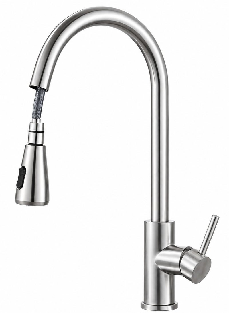 Toshionics Kitchen Faucet with Pull Down Sprayer - Stainless Steel Kitchen Mixer Tap Dual Function Tap | Basin Sink Tap Faucets High Arc 360° Swivel Spout, Single Handle Deck Mounted - Silver - Image 1