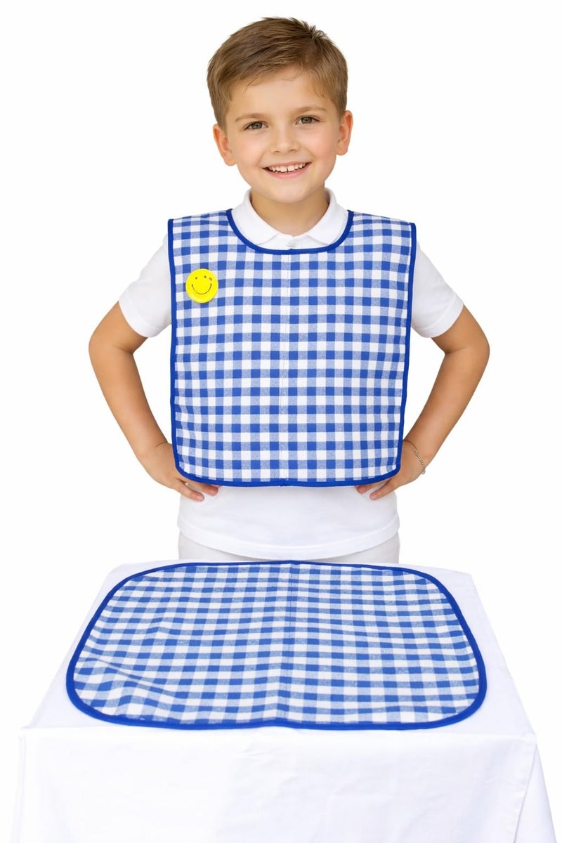 Switchon Waterproof Cotton Kids Apron with Food Mat | Checks Design | Lightweight Multi-Purpose for Boys & Girls (6-13 Years) | School Lunch, Painting, Crafting, Home & Return Gift - Blue and White - Image 2