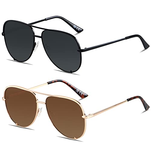 ANDWOOD Oversized Aviator Sunglasses for Women Big Large UV Protection Pilot Sun glasses Double Bridge 2 Pack Polarized Black Brown Shades - Image 2