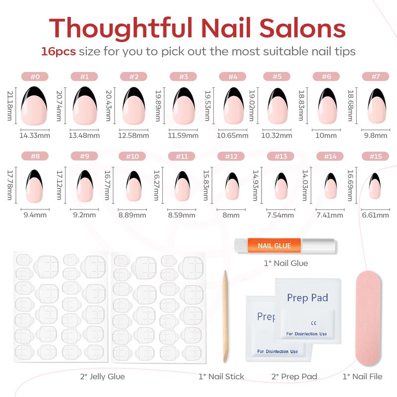 Modelones Black French Tip Press on Nails Almond, Short Almond Fake Nails, Reusable Nail Kit with Nail Glue Adhesive Tabs Mini Nail File, Nails Press Ons 32Pcs16 Sizes - Image 5
