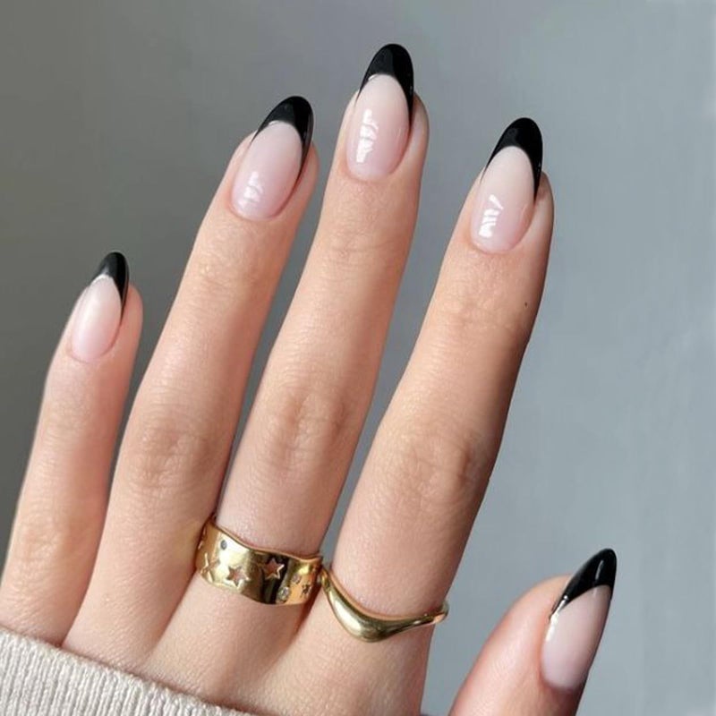 Modelones Black French Tip Press on Nails Almond, Short Almond Fake Nails, Reusable Nail Kit with Nail Glue Adhesive Tabs Mini Nail File, Nails Press Ons 32Pcs16 Sizes - Image 1
