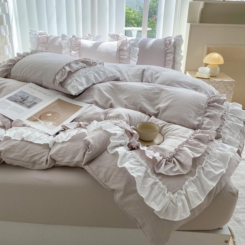 SOUKECHY Shabby Chic 3 Pieces Bedding,Vintage Ruffled Queen Duvet Cover Set with 2 Layers Ruffles,Soft Brushed Microfiber Set with Zipper Closure,Lightweight Duvet Cover Set - Image 1