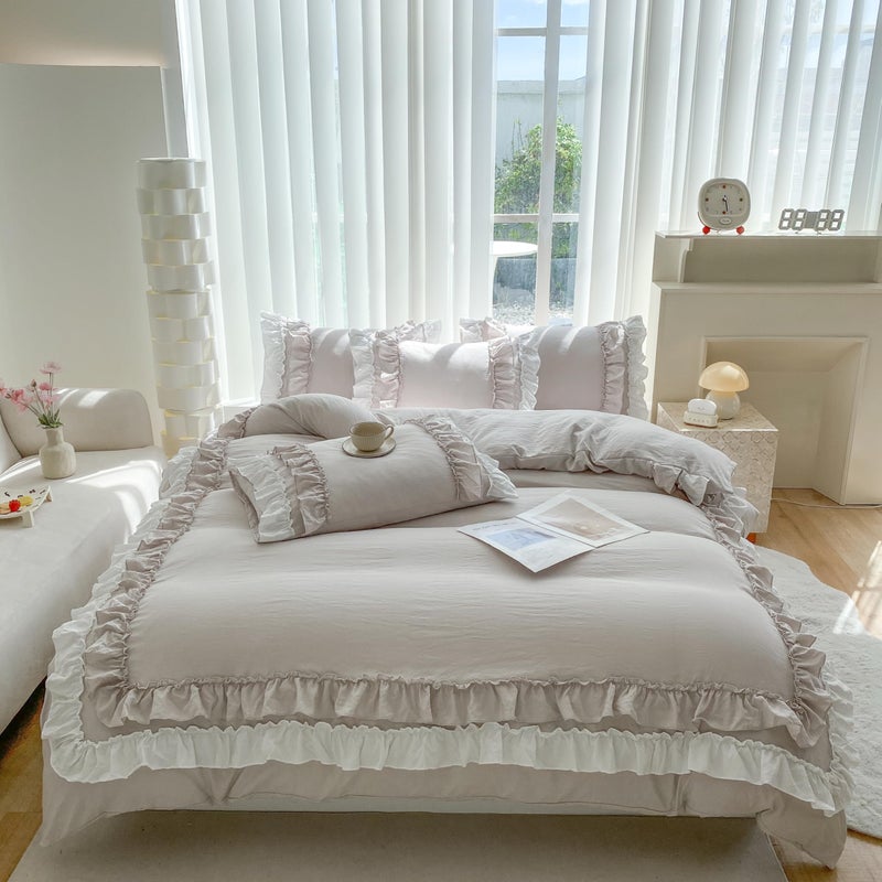 SOUKECHY Shabby Chic 3 Pieces Bedding,Vintage Ruffled Queen Duvet Cover Set with 2 Layers Ruffles,Soft Brushed Microfiber Set with Zipper Closure,Lightweight Duvet Cover Set - Image 2
