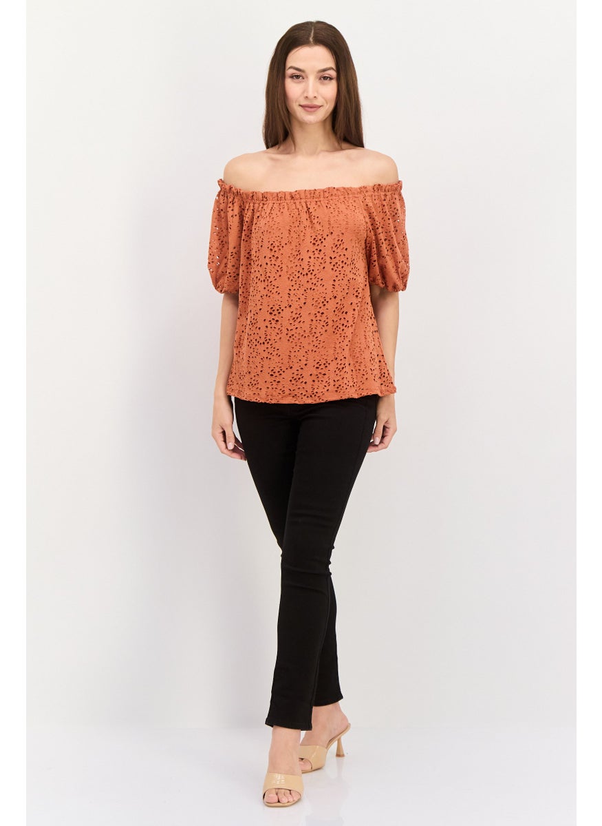 VINCE CAMUTO - Women Off Shoulder Puffed Sleeves Textured Top, Brown - Image 1
