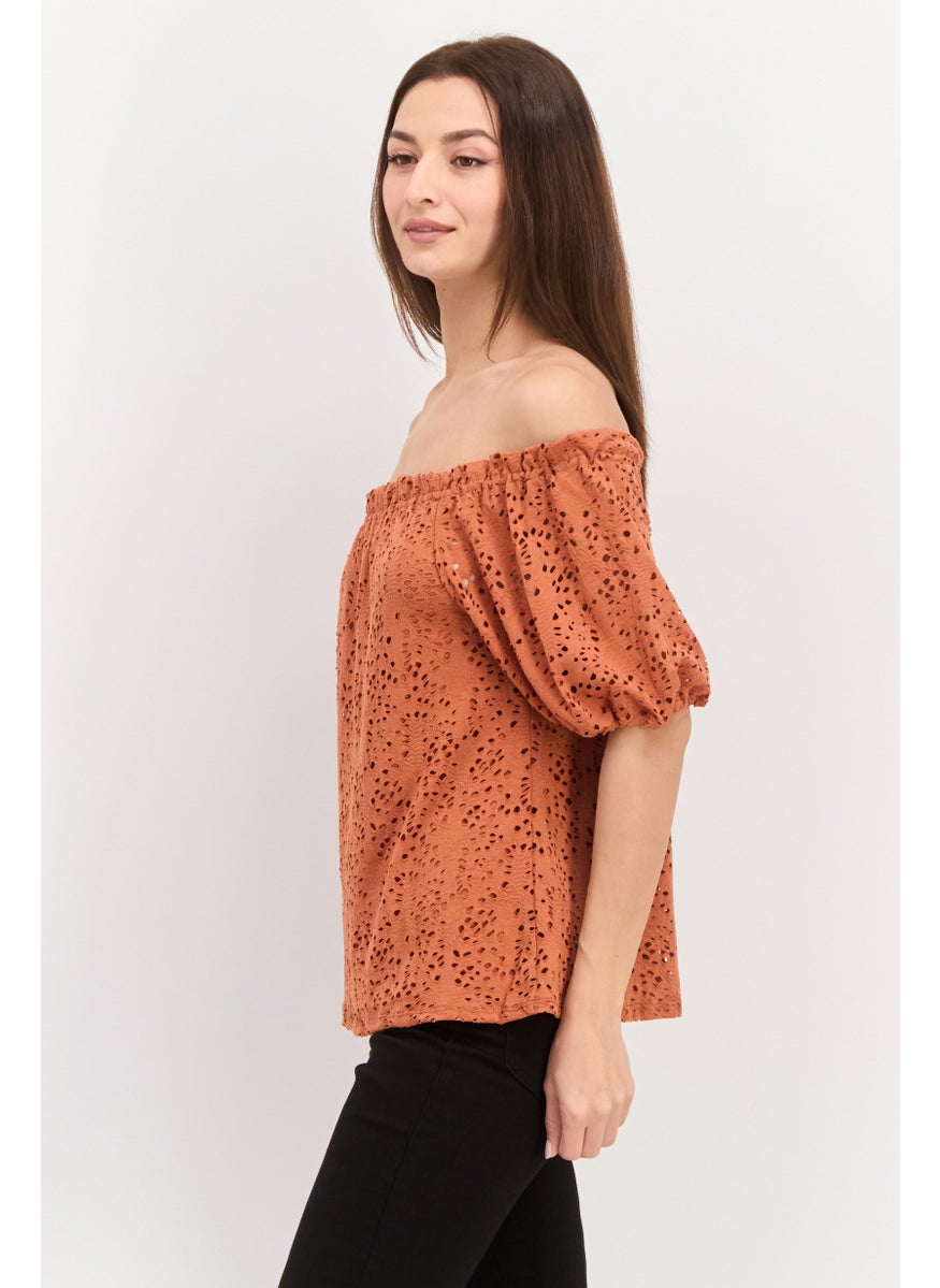 VINCE CAMUTO - Women Off Shoulder Puffed Sleeves Textured Top, Brown - Image 1