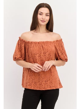Women Off Shoulder Puffed Sleeves Textured Top, Brown
