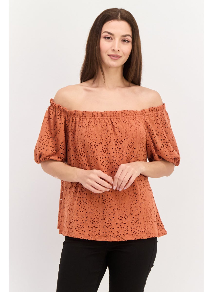 VINCE CAMUTO - Women Off Shoulder Puffed Sleeves Textured Top, Brown - Image 1