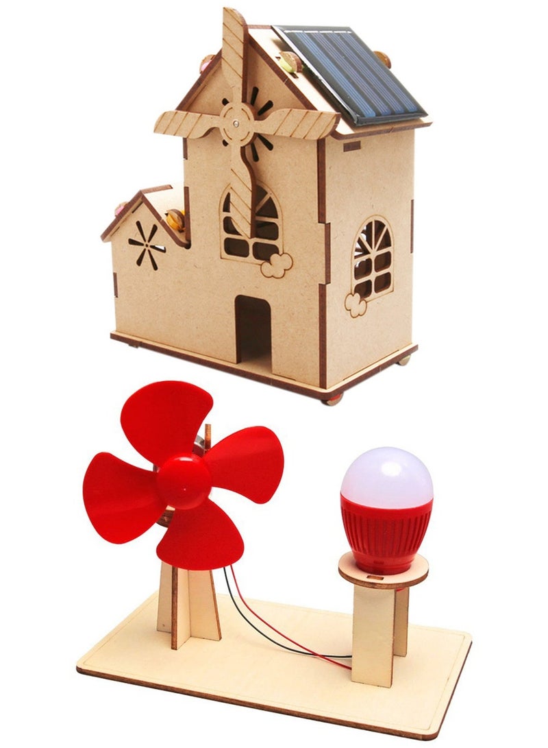 مجموعة تركيب خشبية بالطاقة الشمسية: بيت شمسي + مروحة مع إضاءة LED – لعبة تعليمية STEM للعلوم والفيزياء - Image 1