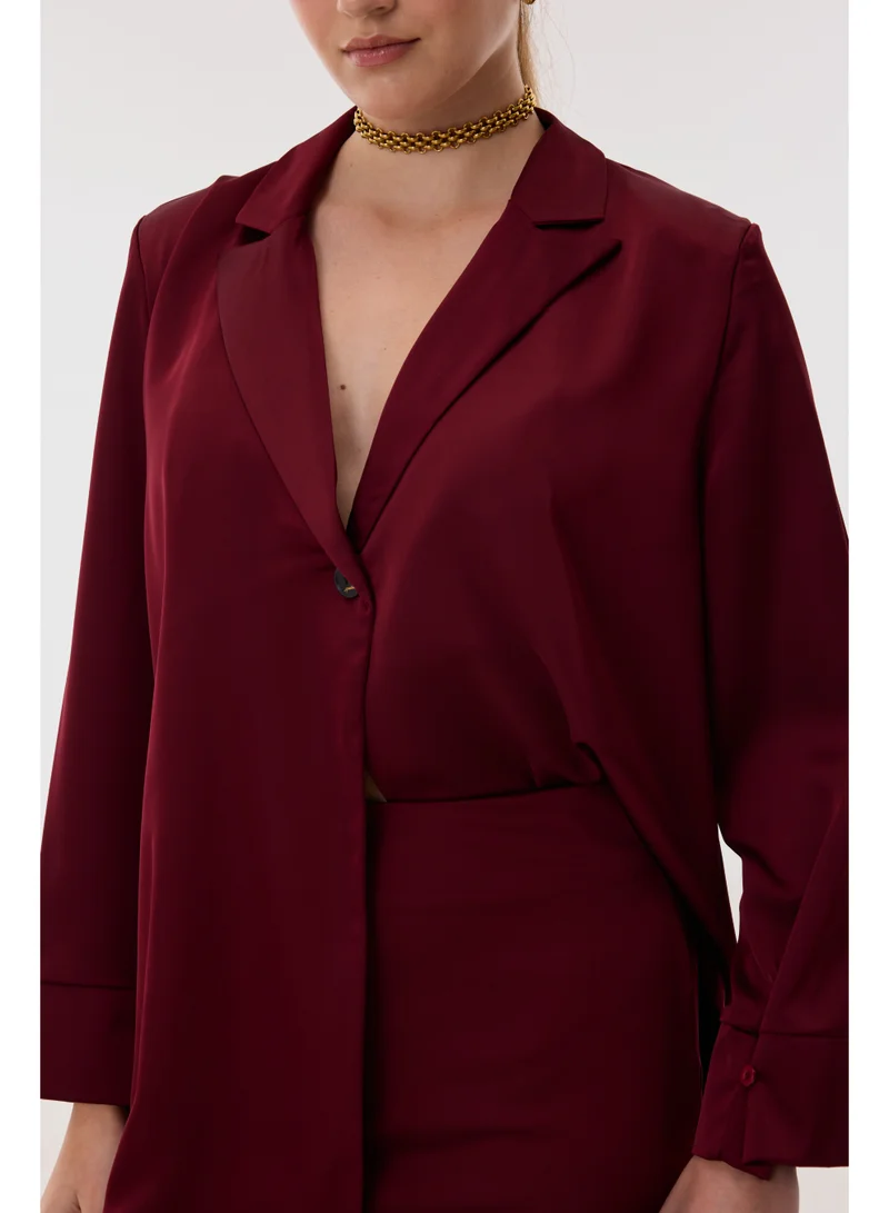 Ashita Fernandes Poly Satin Relaxed-Fit Collared Blazer Shirt with Full Sleeves – Wine