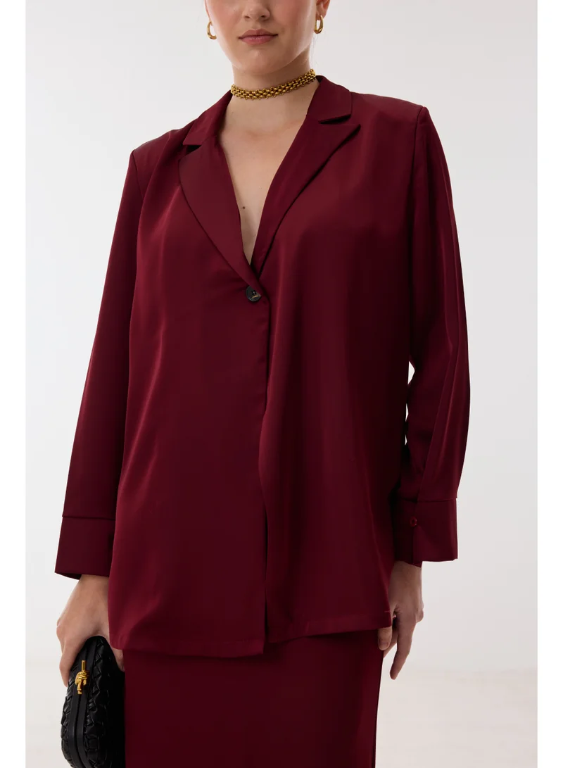 Ashita Fernandes Poly Satin Relaxed-Fit Collared Blazer Shirt with Full Sleeves – Wine