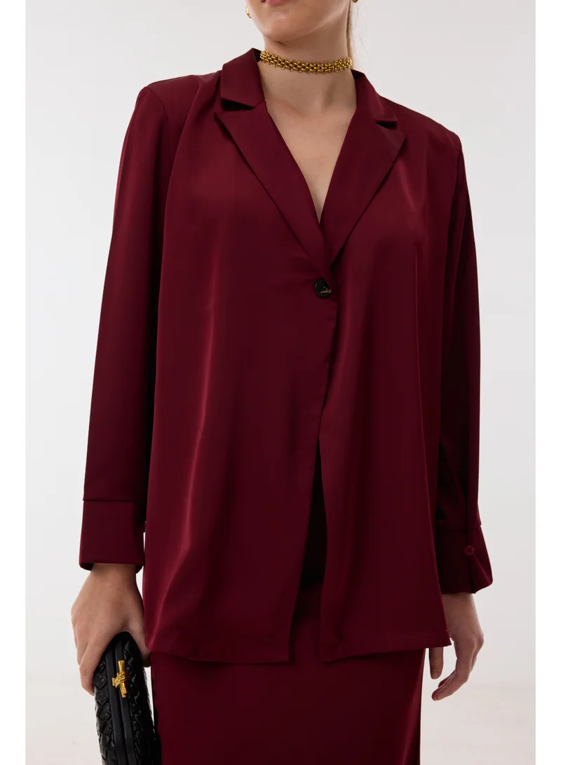 Ashita Fernandes Poly Satin Relaxed-Fit Collared Blazer Shirt with Full Sleeves – Wine