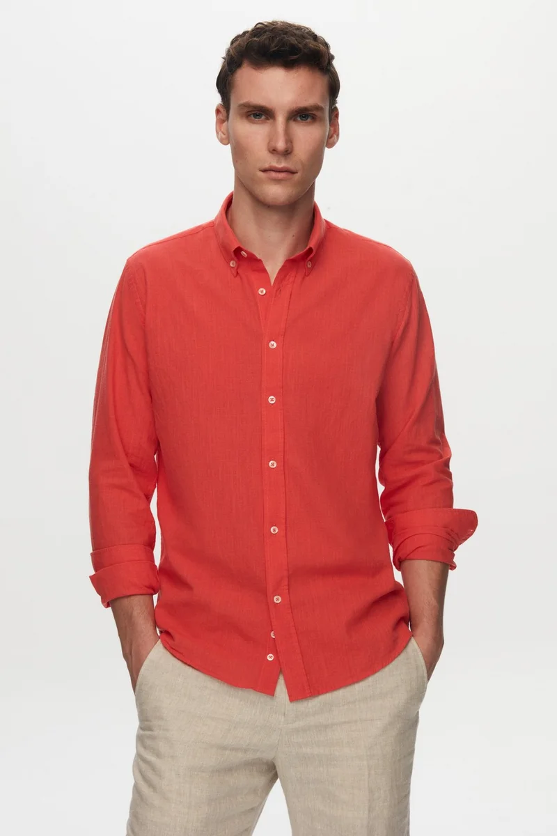 دي أس دامات Slim Fit Pomegranate Flower Button-down Collar 100% Cotton Summer Flamed Linen Look Shirt 6HC02ORT63265