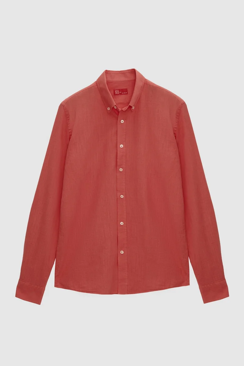 D'S DAMAT Slim Fit Pomegranate Flower Button-down Collar 100% Cotton Summer Flamed Linen Look Shirt 6HC02ORT63265