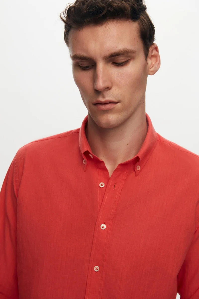 دي أس دامات Slim Fit Pomegranate Flower Button-down Collar 100% Cotton Summer Flamed Linen Look Shirt 6HC02ORT63265