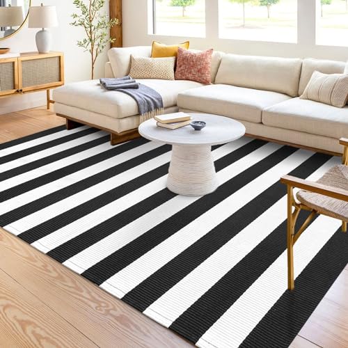 KOZYFLY Black and White Striped Outdoor Rug 5x7 Ft Area Rug Washable Indoor Outdoor Rug Cotton Striped Rugs for Living Room Farmhouse Large Floor Carpet for Bedroom Living Room Patio - Image 2