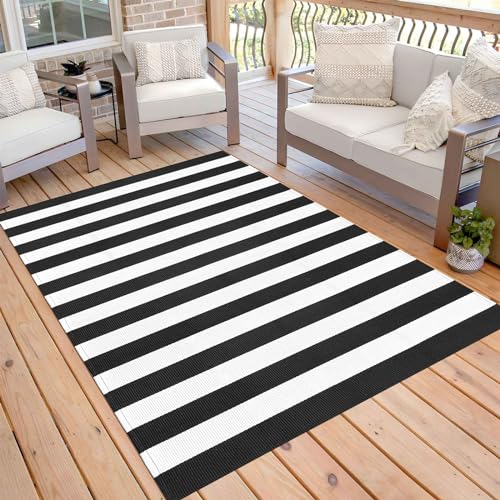 KOZYFLY Black and White Striped Outdoor Rug 5x7 Ft Area Rug Washable Indoor Outdoor Rug Cotton Striped Rugs for Living Room Farmhouse Large Floor Carpet for Bedroom Living Room Patio - Image 1