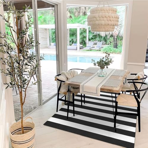 KOZYFLY Black and White Striped Outdoor Rug 5x7 Ft Area Rug Washable Indoor Outdoor Rug Cotton Striped Rugs for Living Room Farmhouse Large Floor Carpet for Bedroom Living Room Patio - Image 3