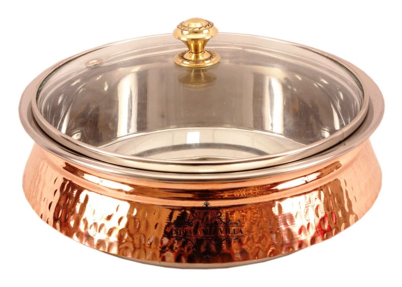 INDIAN ART VILLA Steel Copper Induction Handi Bowl with Lid, Serveware & Tableware, Home Restaurant, 2000 ML - Image 1