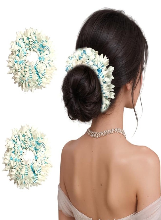 Hair Flare Set of 2 Artificial Mogra Gajra Juda Bun Flowers for Hair | Reusable Floral Hair Accessory with SkyBlue Thread for Bridal, Festive & Traditional | Women & Girls Juda Decoration - Image 1
