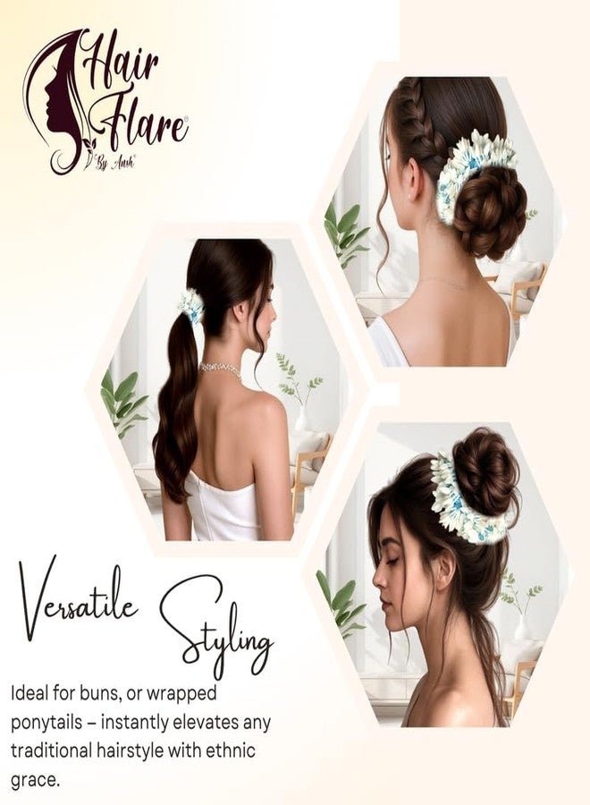 Hair Flare Set of 2 Artificial Mogra Gajra Juda Bun Flowers for Hair | Reusable Floral Hair Accessory with SkyBlue Thread for Bridal, Festive & Traditional | Women & Girls Juda Decoration - Image 4