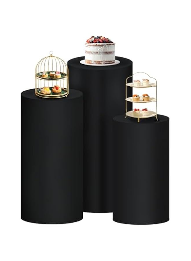 Cylinder Pedestal Stand Covers Spandex Flexible Display Box Stand Covers for Birthday Party Wedding Baby Shower Decoration- Only Stand Covers Included Set of 3 Black - Image 1