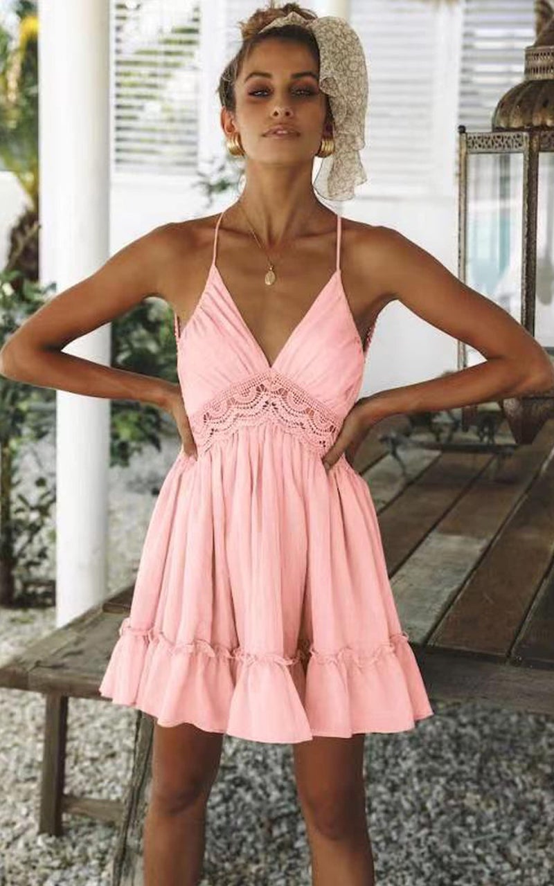 ECOWISH Womens V-Neck Spaghetti Strap Bowknot Backless Sleeveless Lace Mini Swing Skater Dress Pink Small - Image 3