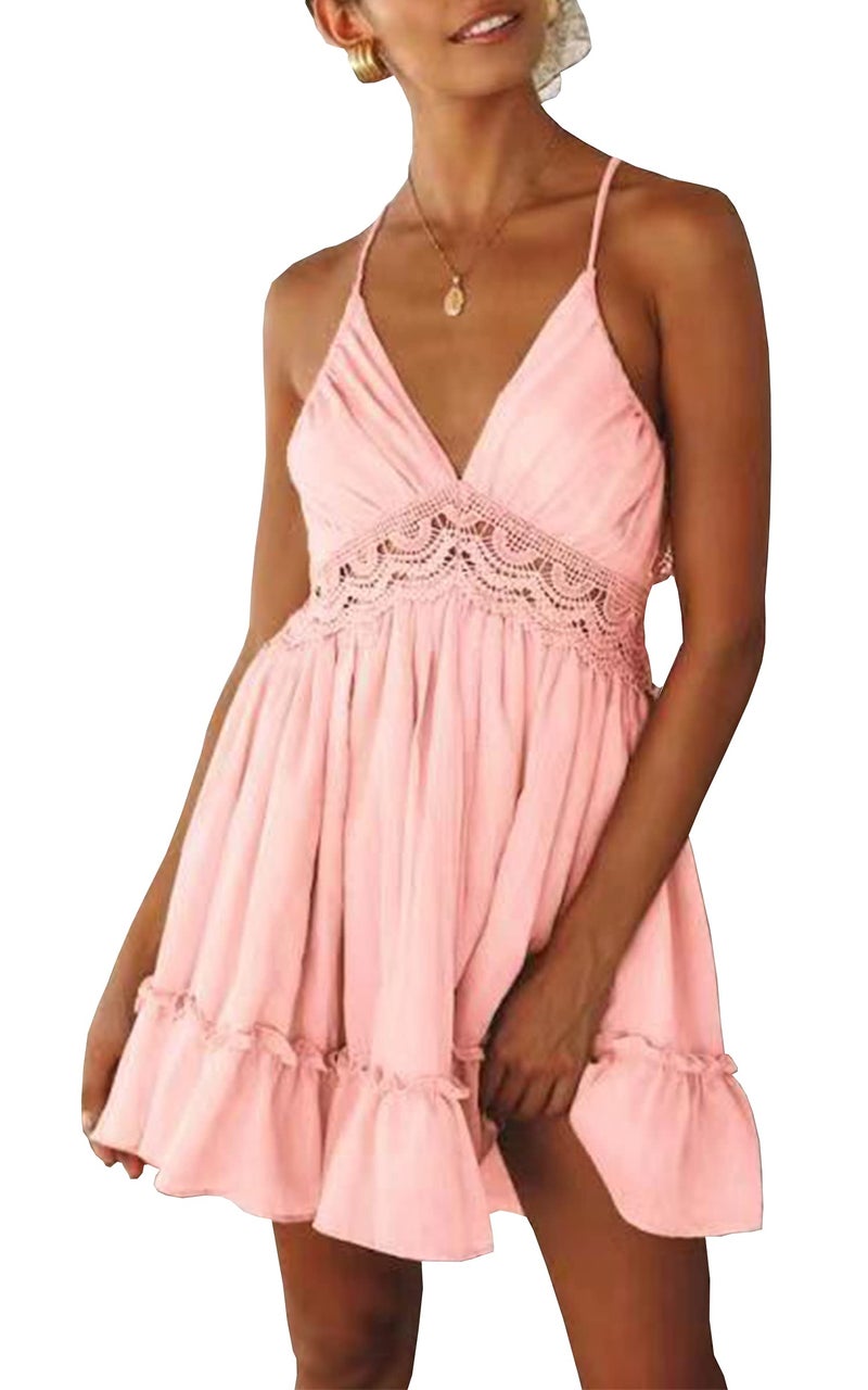 ECOWISH Womens V-Neck Spaghetti Strap Bowknot Backless Sleeveless Lace Mini Swing Skater Dress Pink Small - Image 1