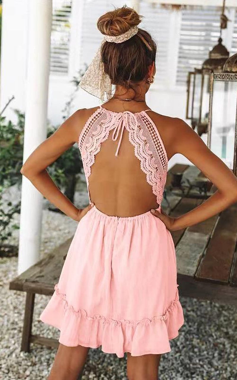 ECOWISH Womens V-Neck Spaghetti Strap Bowknot Backless Sleeveless Lace Mini Swing Skater Dress Pink Small - Image 5