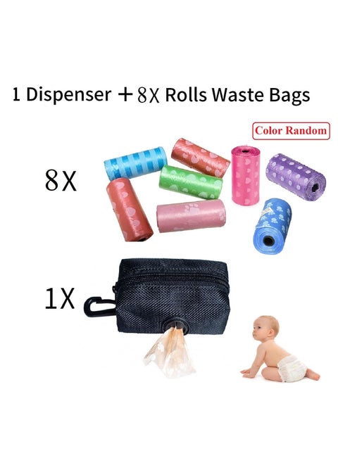 Black Portable Garbage Bag Dispenser Holder with Zipper And Carabiner Clip An Organizer Pouch For Baby Diapers Also Other Small Supplies With 8 Rolls of Randomly Color Trash Bags