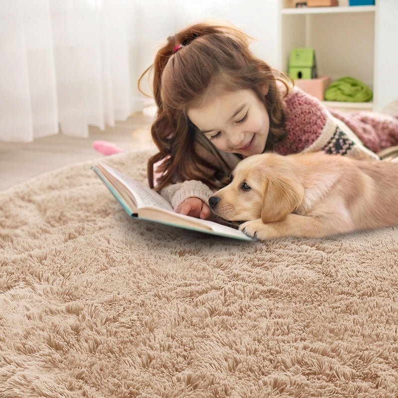 OLANLY Beige Round Rugs for Bedroom - Machine Washable, 4 ft Circle Area Rugs for Living Room, Soft and Fluffy Shaggy Carpet for Teen Girls and Boys, Nursery Rooms, Dorms, Home Decor Aesthetic - Image 5