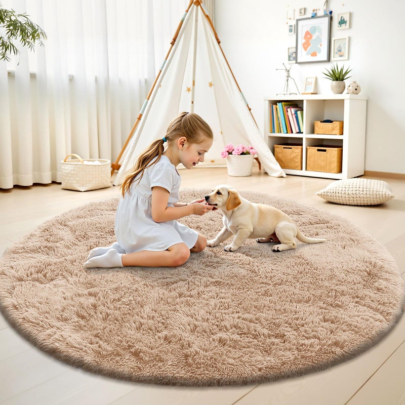 OLANLY Beige Round Rugs for Bedroom - Machine Washable, 4 ft Circle Area Rugs for Living Room, Soft and Fluffy Shaggy Carpet for Teen Girls and Boys, Nursery Rooms, Dorms, Home Decor Aesthetic - Image 3